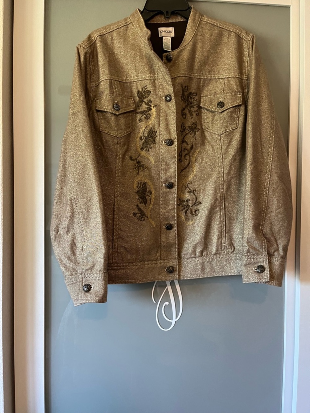 Chico's Metallic Gold Embroidered Jean Jacket